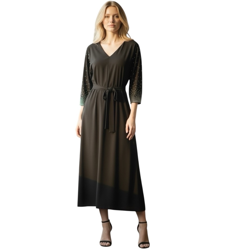 MSK V-Neck Beaded Midi Dress 3/4 Sleeves, Pull Over, Color Black, Size Large